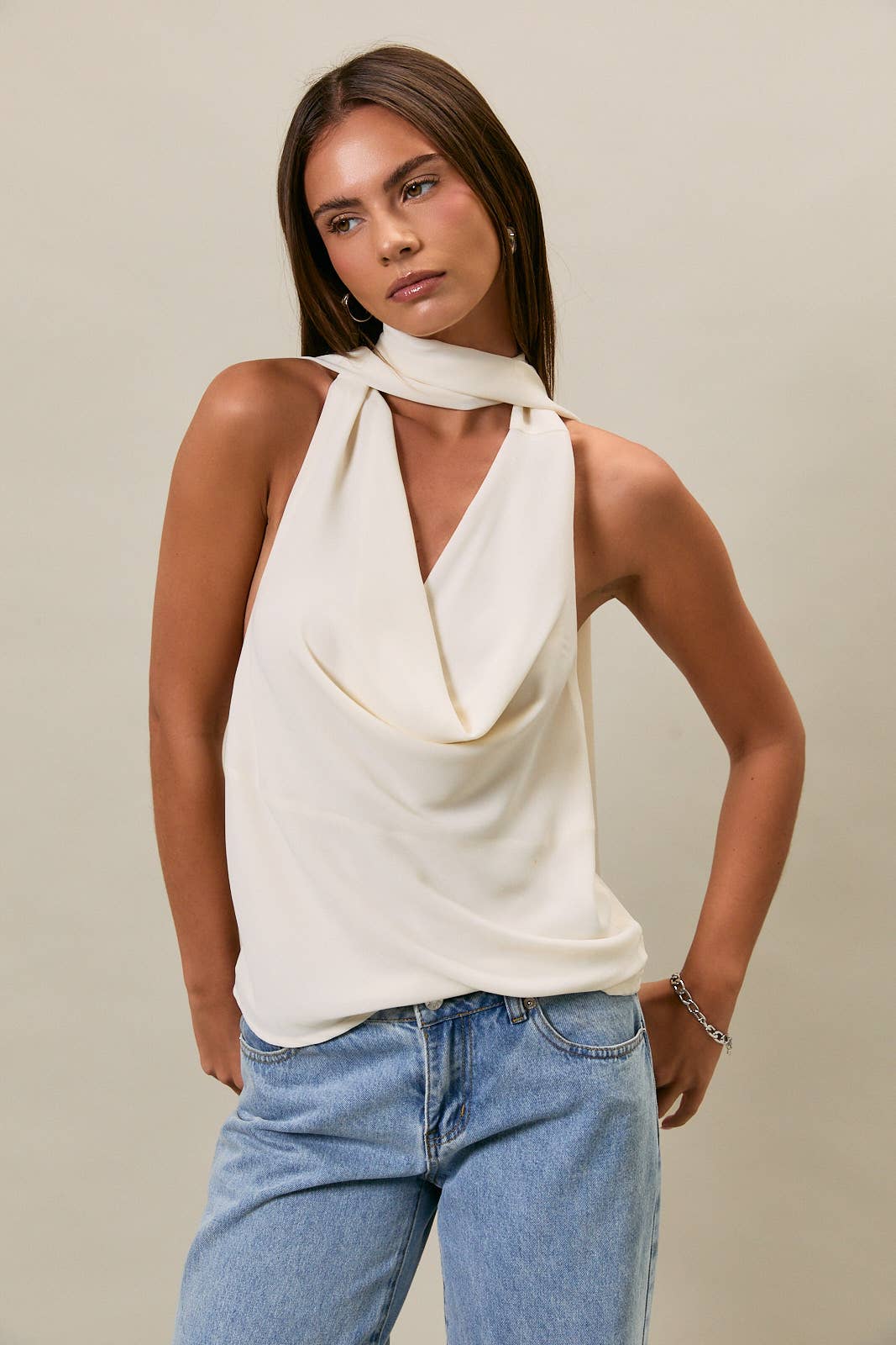 COWL NECK TOP WITH ATTACHED SCARF: LT PINK / XS