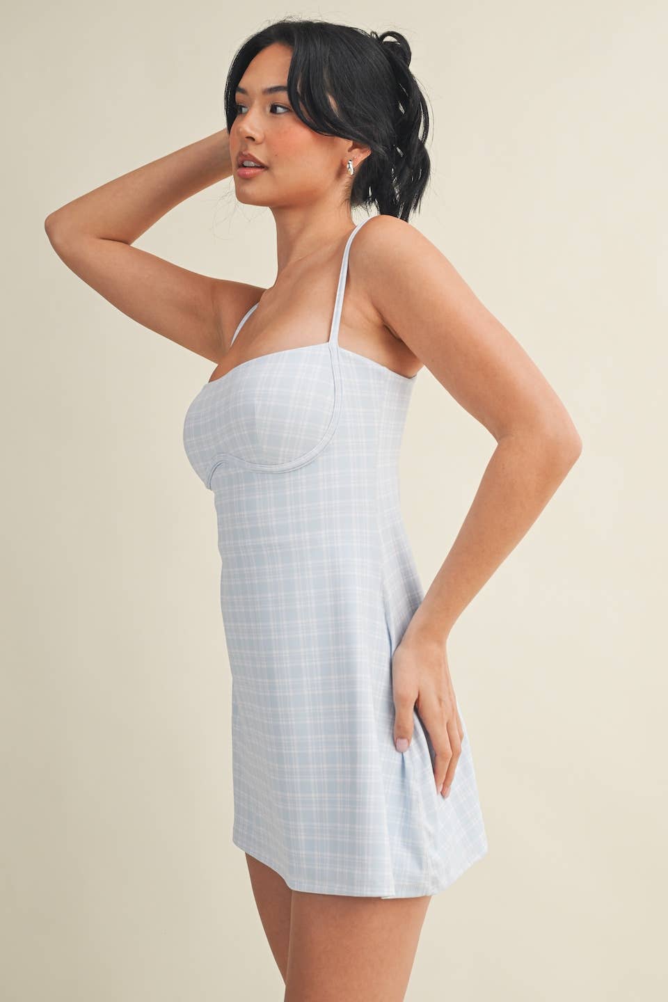 Plaid Print Sweetheart Dress : Blue / S