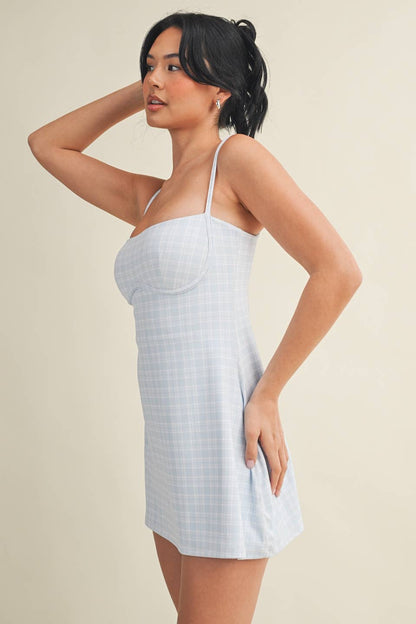 Plaid Print Sweetheart Dress : Blue / S