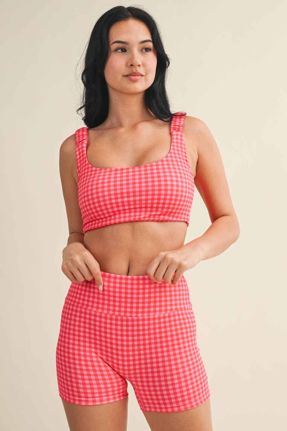 Gingham Print Ruched Bra Top: Peach Gingham / S