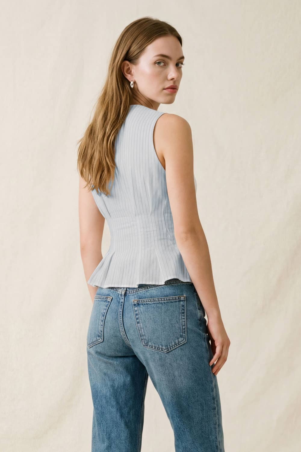 Tailored Pinstripe Sleeveless Peplum Top: WHT/BLUE / S