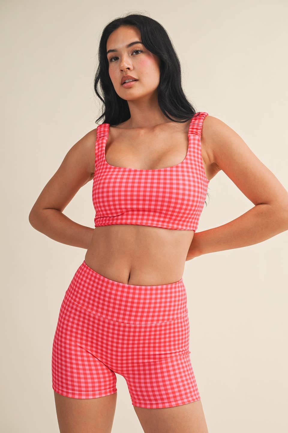 Gingham Print Ruched Bra Top: Peach Gingham / S