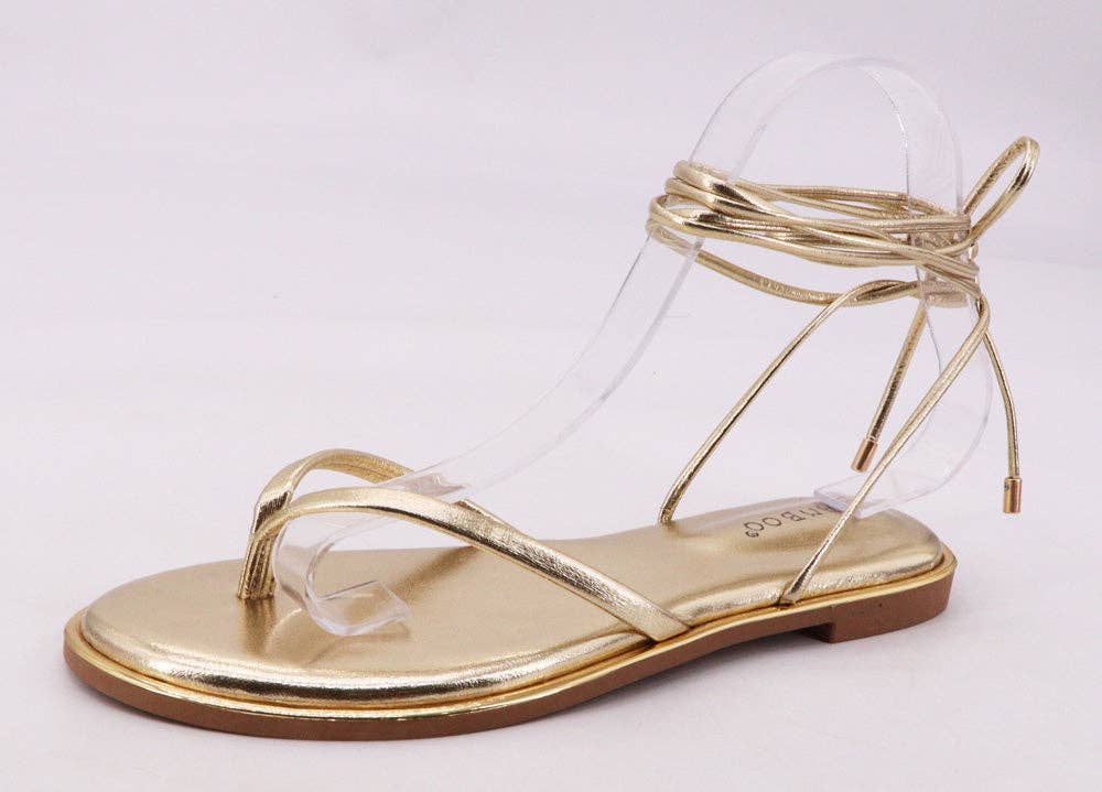 Bamboo DAZZLE-09 Women Thong Strap Lace Up Flat Sandals: GOLD METALLIC PU / 12A-5.5(1)-6(1)-6.5(1)-7(2)-7.5(2)-8(2)-8.5(1)-9(1)-10(1)