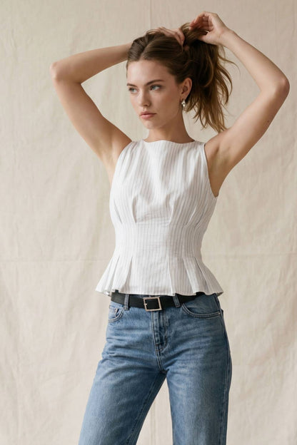 Tailored Pinstripe Sleeveless Peplum Top: WHT/BLUE / S