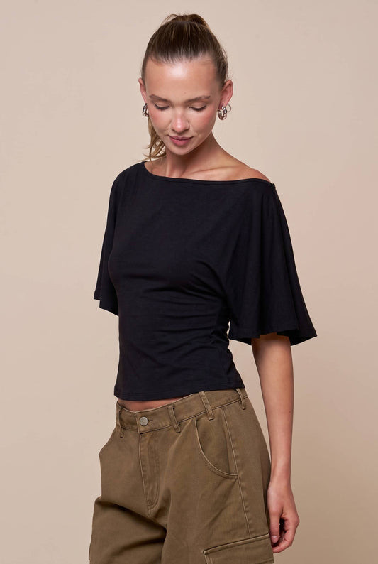 Bell Sleeve Back Tie Top: Black / S