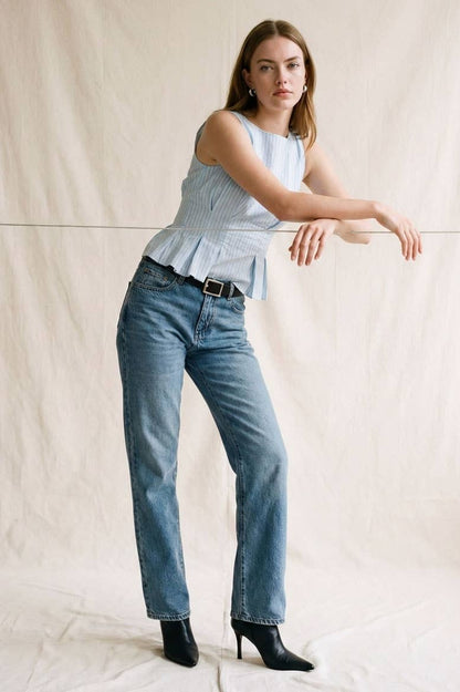 Tailored Pinstripe Sleeveless Peplum Top: WHT/BLUE / S