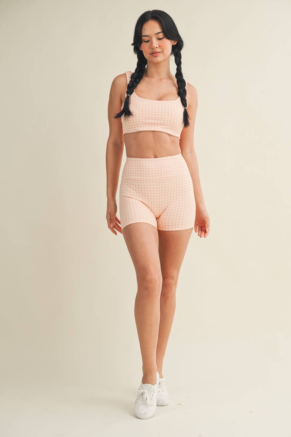 Gingham Print Ruched Bra Top: Peach Gingham / S