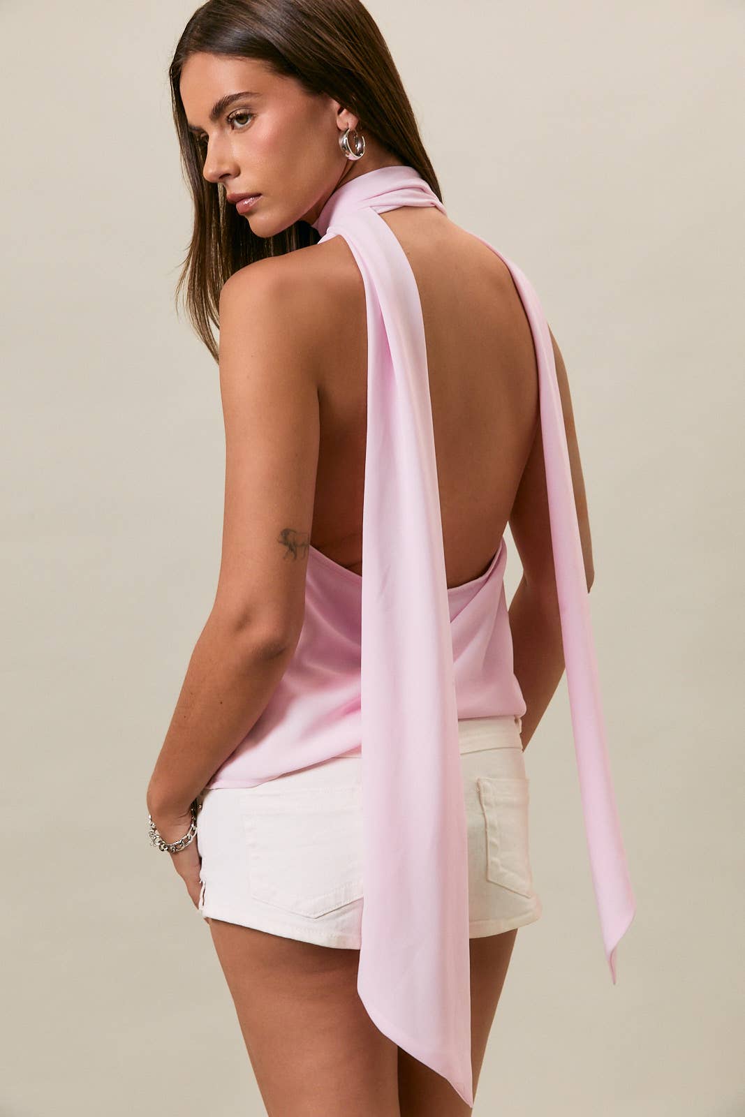 COWL NECK TOP WITH ATTACHED SCARF: LT PINK / XS