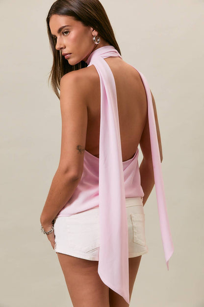 COWL NECK TOP WITH ATTACHED SCARF: LT PINK / XS