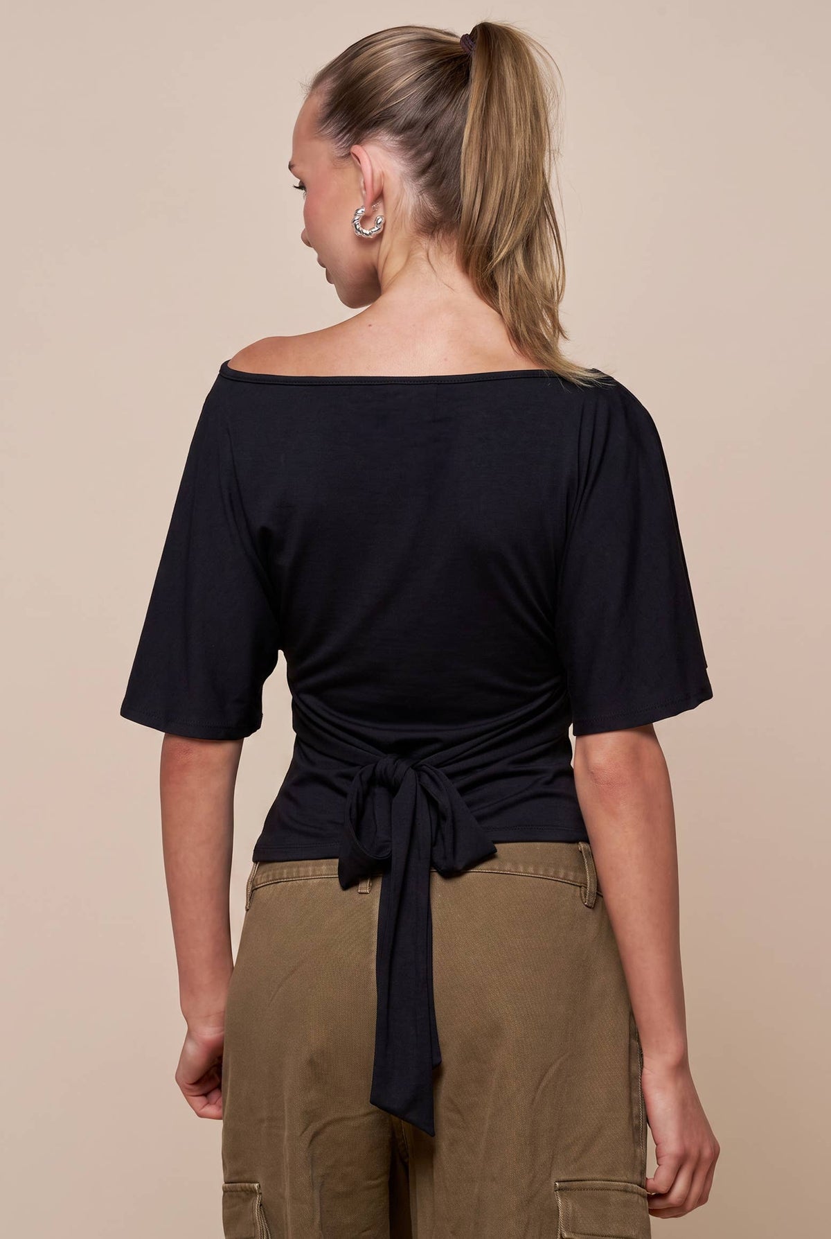 Bell Sleeve Back Tie Top: Black / S