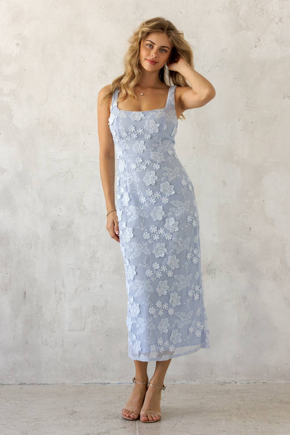 JD10058-1 - FLORAL LACE MIDI DRESS: BLUE FLORAL / S