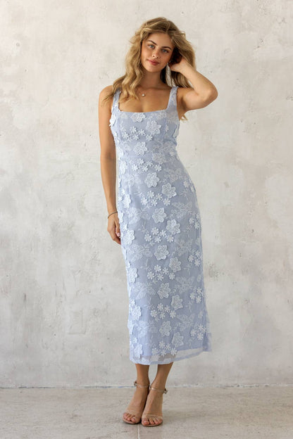 JD10058-1 - FLORAL LACE MIDI DRESS: BLUE FLORAL / S