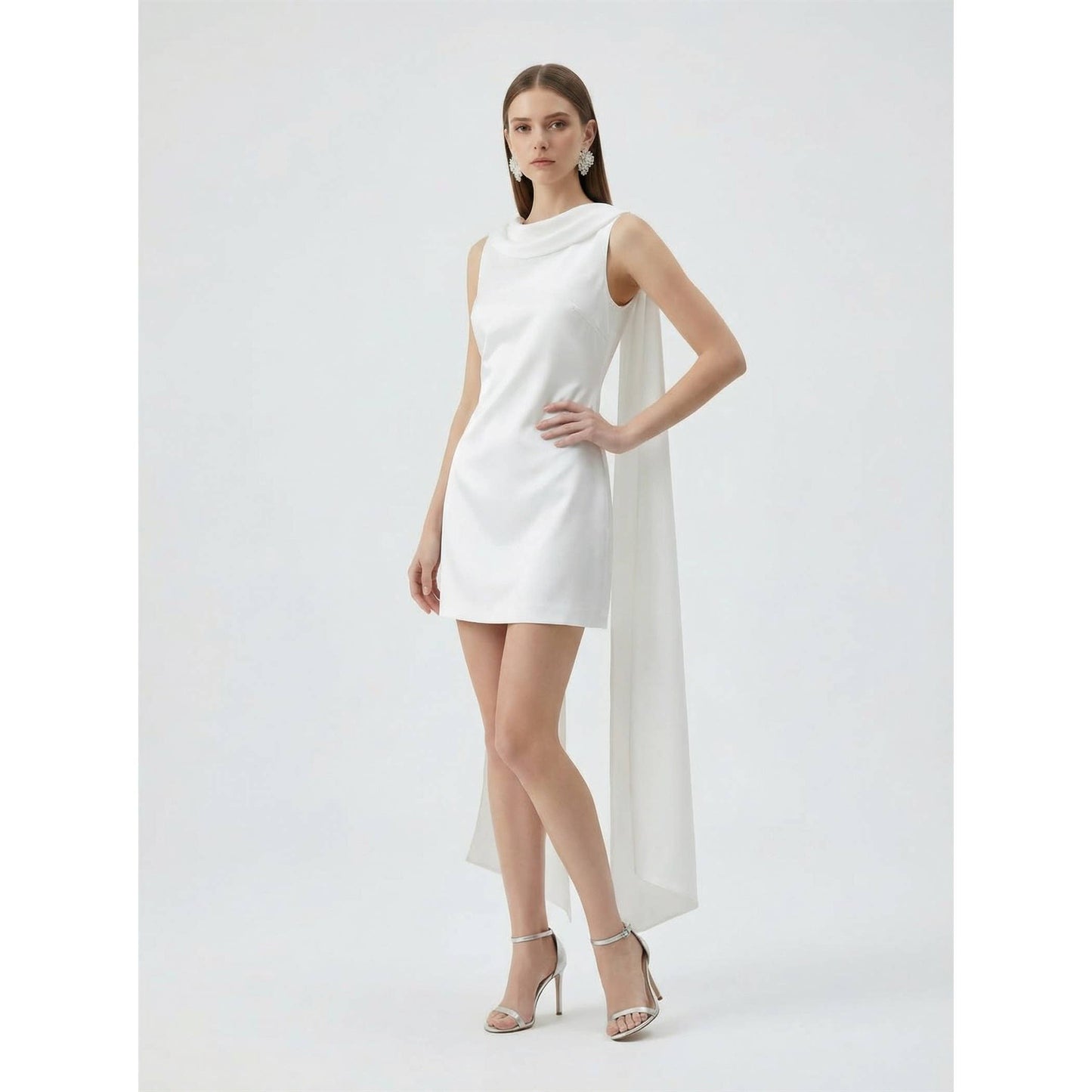 DRAPED COWL NECKLINE MINI DRESS: OFF WHITE / S-M-L(3-2-1)