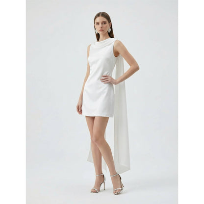 DRAPED COWL NECKLINE MINI DRESS: OFF WHITE / S-M-L(3-2-1)