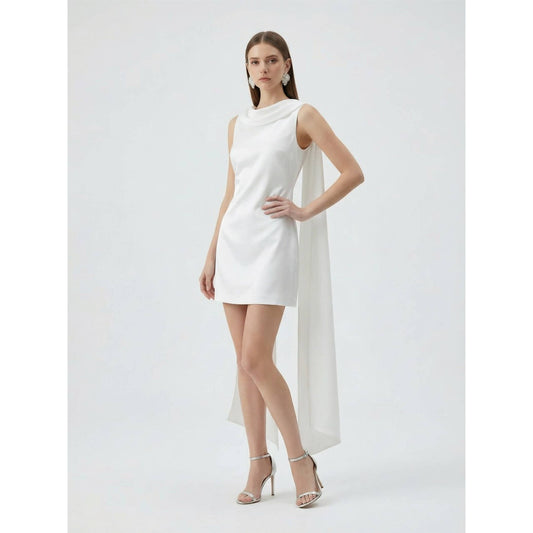 DRAPED COWL NECKLINE MINI DRESS: OFF WHITE / S-M-L(3-2-1)