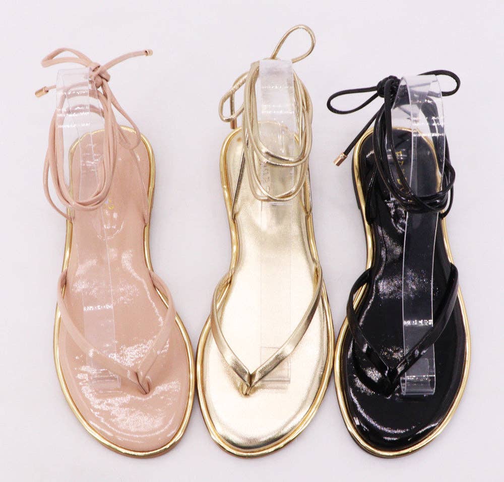 Bamboo DAZZLE-09 Women Thong Strap Lace Up Flat Sandals: GOLD METALLIC PU / 12A-5.5(1)-6(1)-6.5(1)-7(2)-7.5(2)-8(2)-8.5(1)-9(1)-10(1)