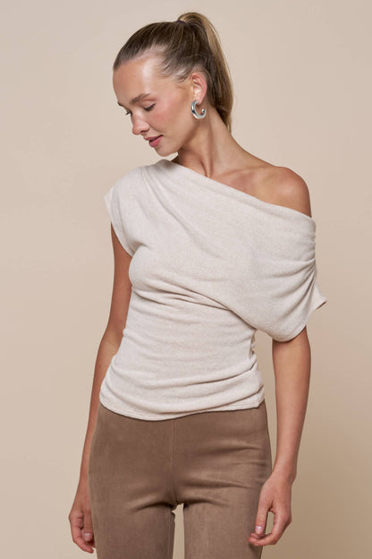 Gathered Asymmetrical Off Shoulder Top: H Grey / S