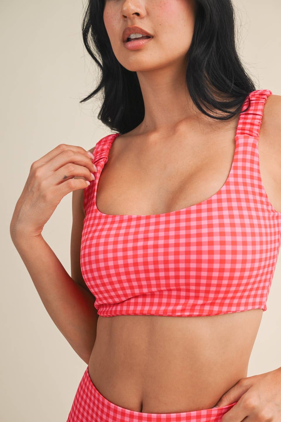 Gingham Print Ruched Bra Top: Pink Gingham SS26 / S
