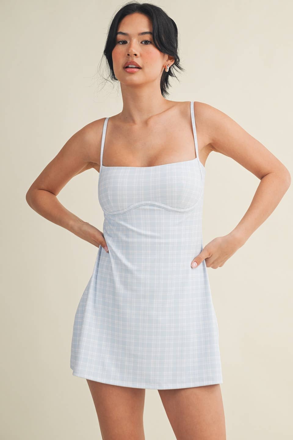 Plaid Print Sweetheart Dress : Blue / S