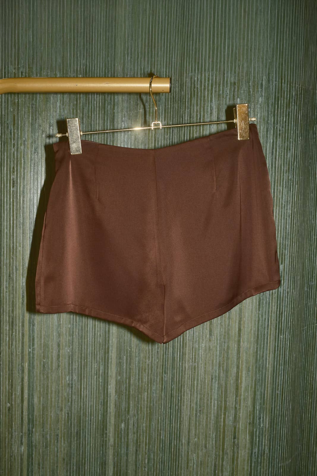 Low Rise Satin Asymmetric Overlay Shorts: Brown / XS