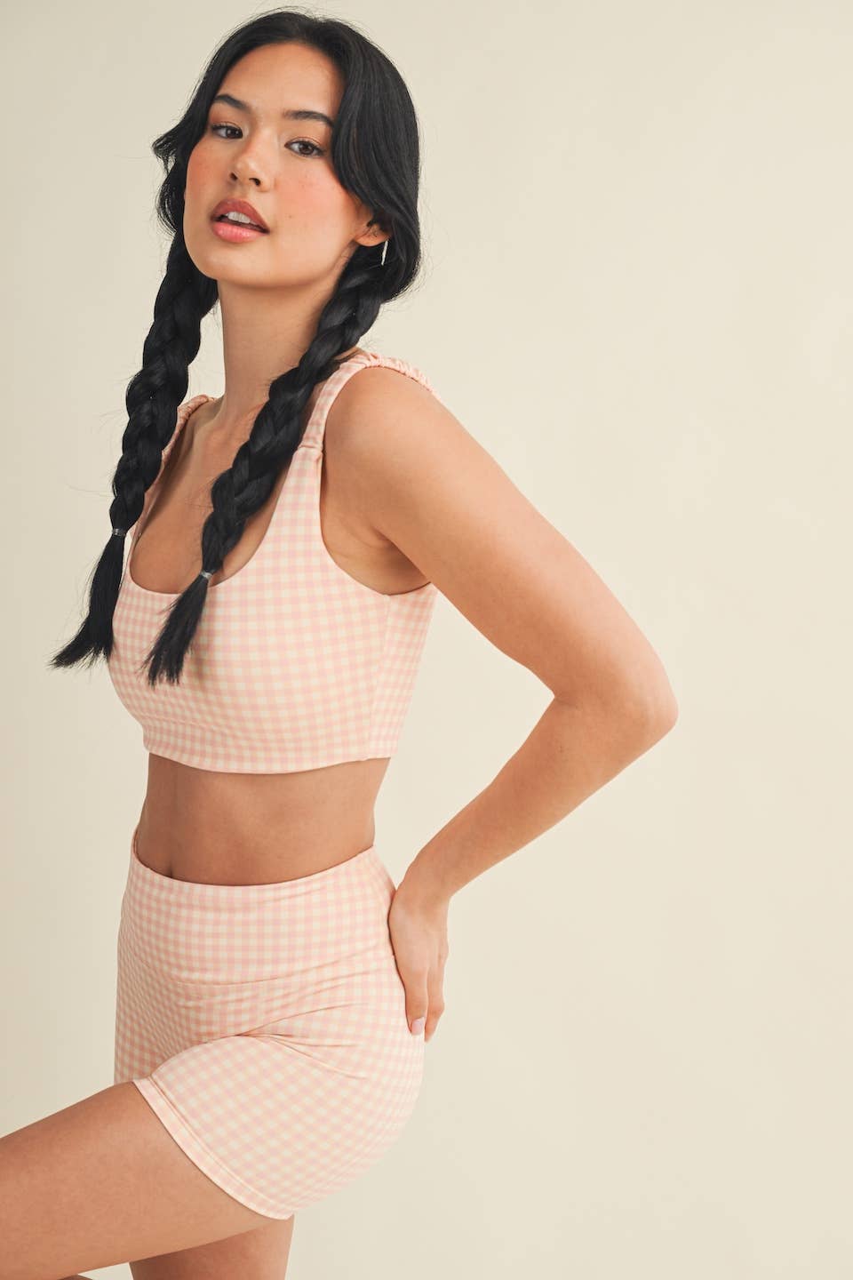Gingham Print Ruched Bra Top: Peach Gingham / S
