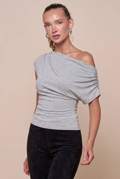 Gathered Asymmetrical Off Shoulder Top: H Grey / S