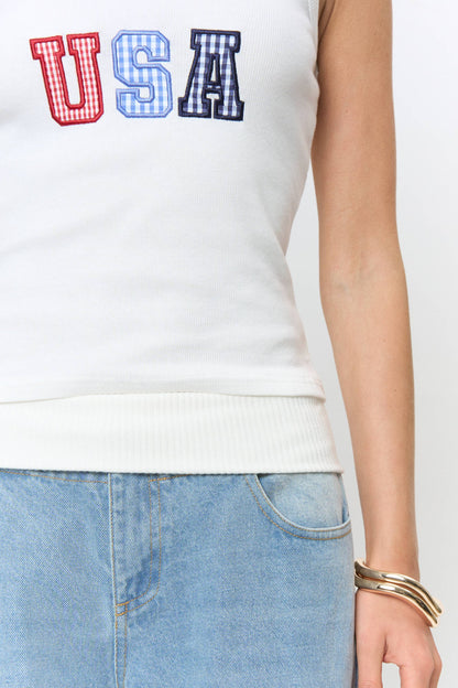 BKT1086C - APPLIQUE DETAILED RIB SLEEVELESS TOP: OFF WHITE / S-M-L (3-2-1)