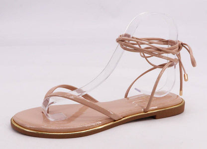 Bamboo DAZZLE-09 Women Thong Strap Lace Up Flat Sandals: GOLD METALLIC PU / 12A-5.5(1)-6(1)-6.5(1)-7(2)-7.5(2)-8(2)-8.5(1)-9(1)-10(1)