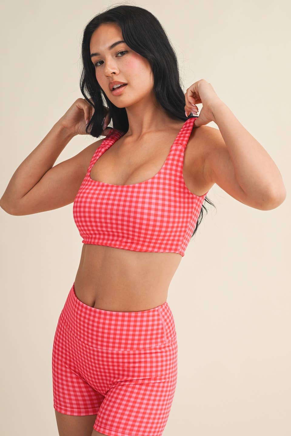 Gingham Print Ruched Bra Top: Peach Gingham / S