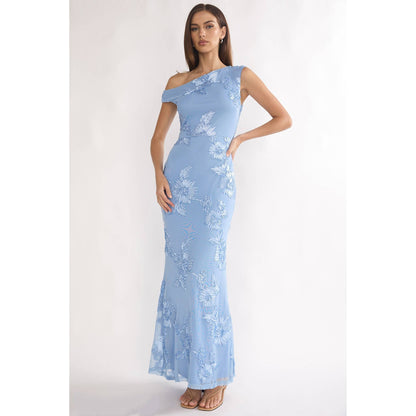 ASYMMETRICAL ONE SHOULDER FLORAL MAXI DRESS: BLUE / XS-S-M-L(1-3-2-1)