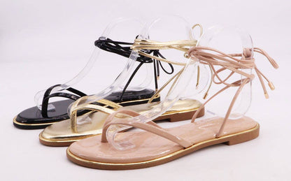 Bamboo DAZZLE-09 Women Thong Strap Lace Up Flat Sandals: GOLD METALLIC PU / 12A-5.5(1)-6(1)-6.5(1)-7(2)-7.5(2)-8(2)-8.5(1)-9(1)-10(1)