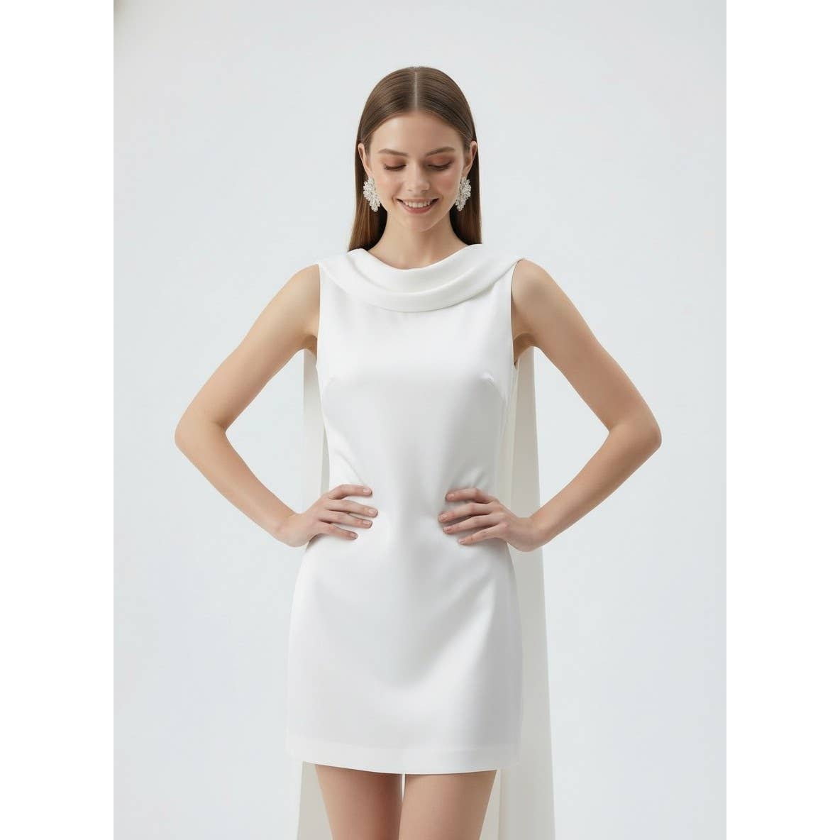DRAPED COWL NECKLINE MINI DRESS: OFF WHITE / S-M-L(3-2-1)
