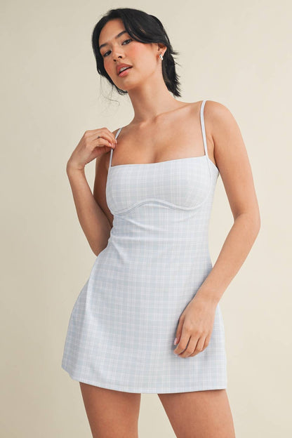 Plaid Print Sweetheart Dress : Blue / S