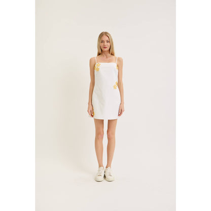EMBROIDERED DETAILS MINI DRESS: WHITE/YELLOW / S-M-L(3-2-1)