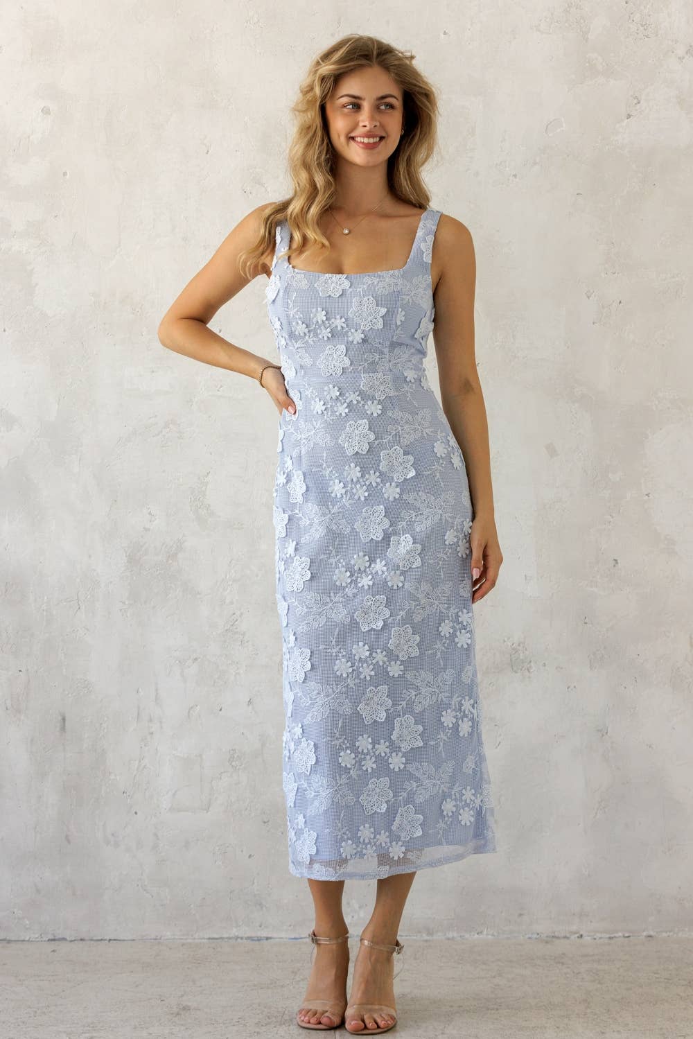 JD10058-1 - FLORAL LACE MIDI DRESS: BLUE FLORAL / S