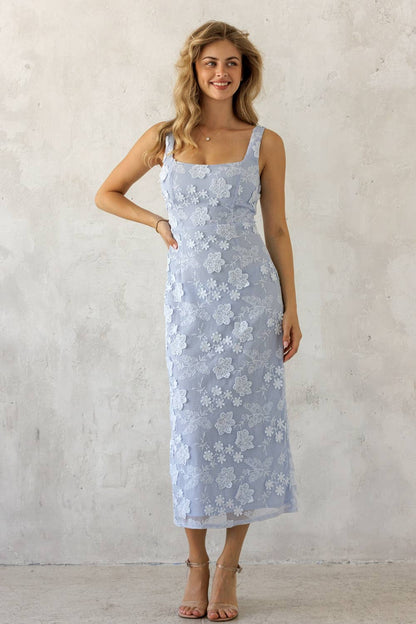 JD10058-1 - FLORAL LACE MIDI DRESS: BLUE FLORAL / S
