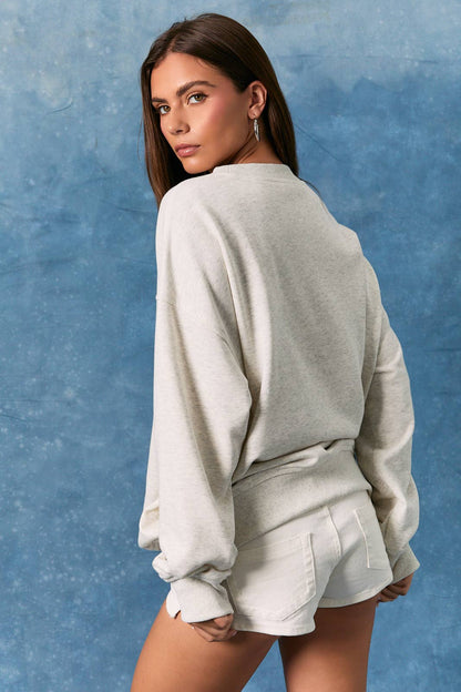 "USA" LONG SLEEVE CREW NECK OVERSIZED SWEATSHIRT: LT H GREY / XS