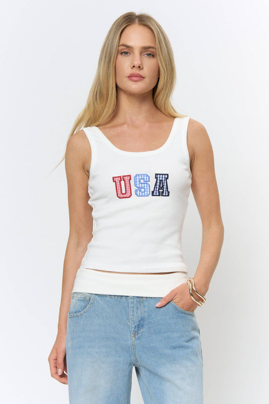 BKT1086C - APPLIQUE DETAILED RIB SLEEVELESS TOP: OFF WHITE / S-M-L (3-2-1)