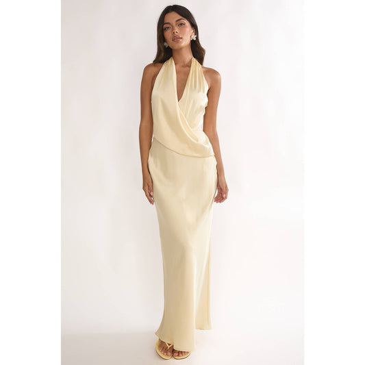 SLEEVELESS HALTER COWL NECK MAXI DRESS: BUTTER / XS-S-M-L(1-3-2-1)