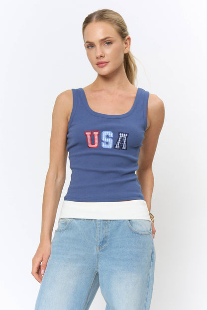 BKT1086C - APPLIQUE DETAILED RIB SLEEVELESS TOP: OFF WHITE / S-M-L (3-2-1)