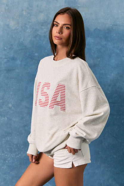 "USA" LONG SLEEVE CREW NECK OVERSIZED SWEATSHIRT: LT H GREY / XS