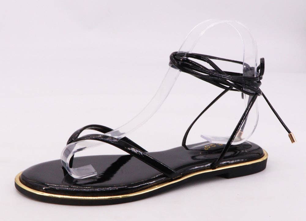Bamboo DAZZLE-09 Women Thong Strap Lace Up Flat Sandals: GOLD METALLIC PU / 12A-5.5(1)-6(1)-6.5(1)-7(2)-7.5(2)-8(2)-8.5(1)-9(1)-10(1)