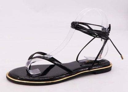 Bamboo DAZZLE-09 Women Thong Strap Lace Up Flat Sandals: GOLD METALLIC PU / 12A-5.5(1)-6(1)-6.5(1)-7(2)-7.5(2)-8(2)-8.5(1)-9(1)-10(1)
