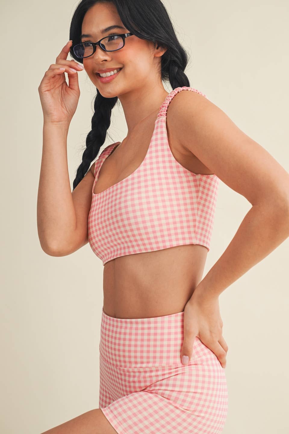 Gingham Print Ruched Bra Top: Peach Gingham / S