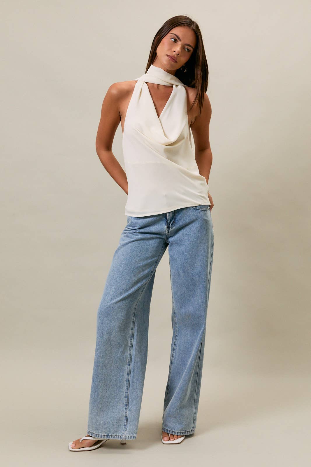 COWL NECK TOP WITH ATTACHED SCARF: LT PINK / XS