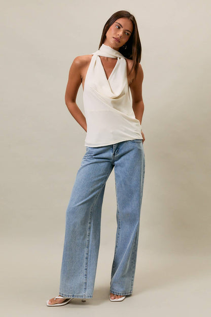 COWL NECK TOP WITH ATTACHED SCARF: LT PINK / XS