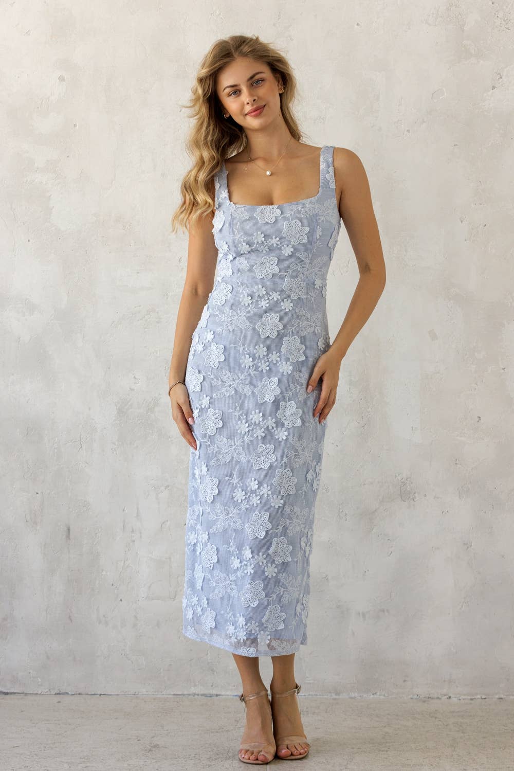 JD10058-1 - FLORAL LACE MIDI DRESS: BLUE FLORAL / S