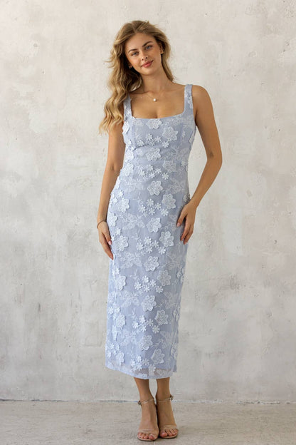 JD10058-1 - FLORAL LACE MIDI DRESS: BLUE FLORAL / S