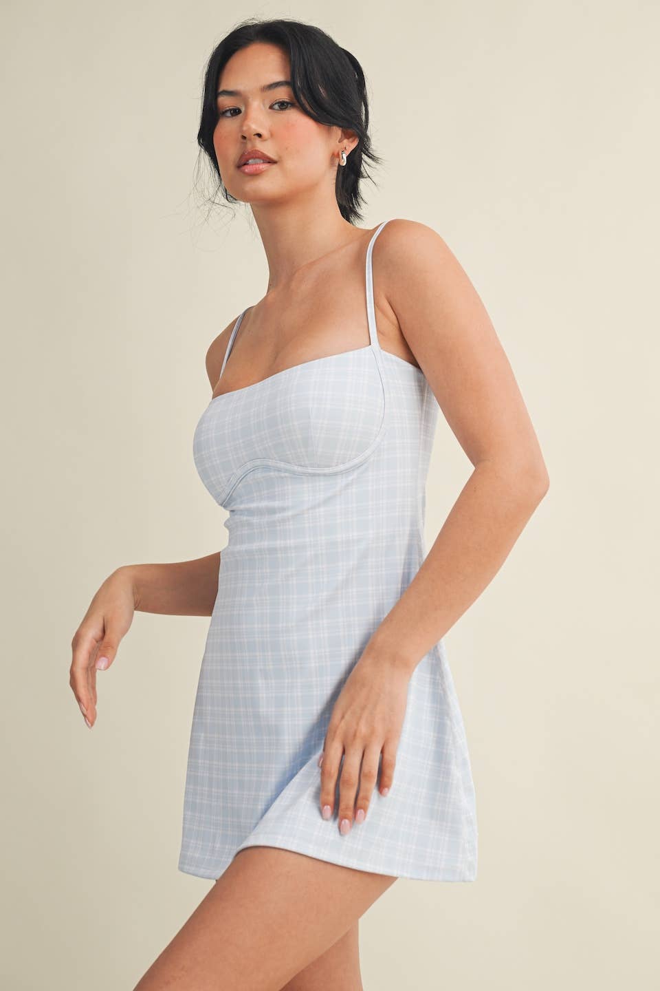 Plaid Print Sweetheart Dress : Blue / S