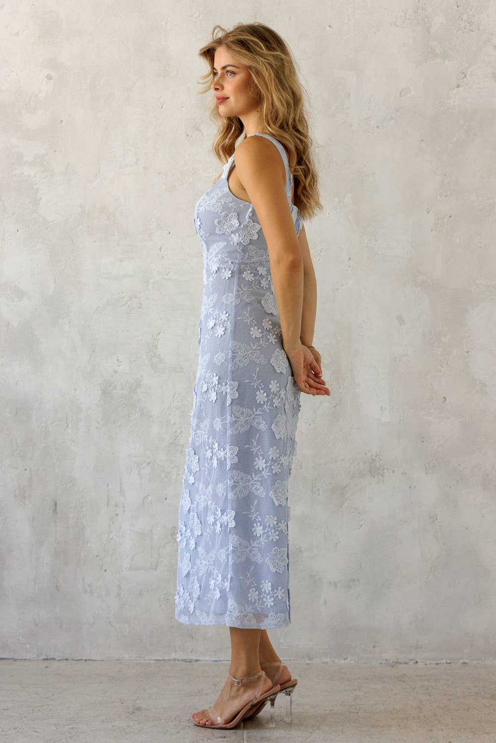 JD10058-1 - FLORAL LACE MIDI DRESS: BLUE FLORAL / S